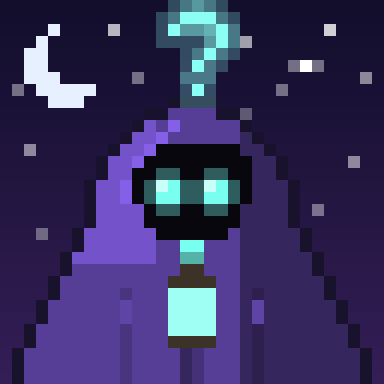 A hooded pixel Riddler with a question mark above its head